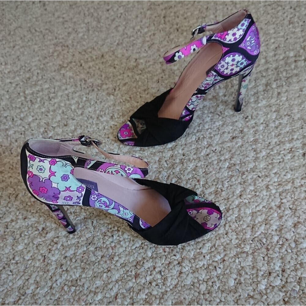 Emilio PUCCI purple floral Suede & silk open toe Stiletto Heels size 37.5